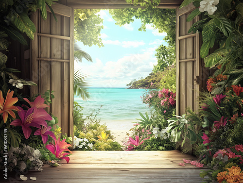  Sunny ocean view through rustic open timber doors vibrant floral garden beach water tropical paradise getaway holiday vibe relaxation background backdrop banner