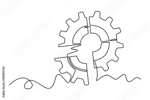 Single one line drawing gear from puzzle pieces logo icon. Business creativity, teamwork, partnership, collaboration and success concept. Modern continuous line draw design graphic vector illustration