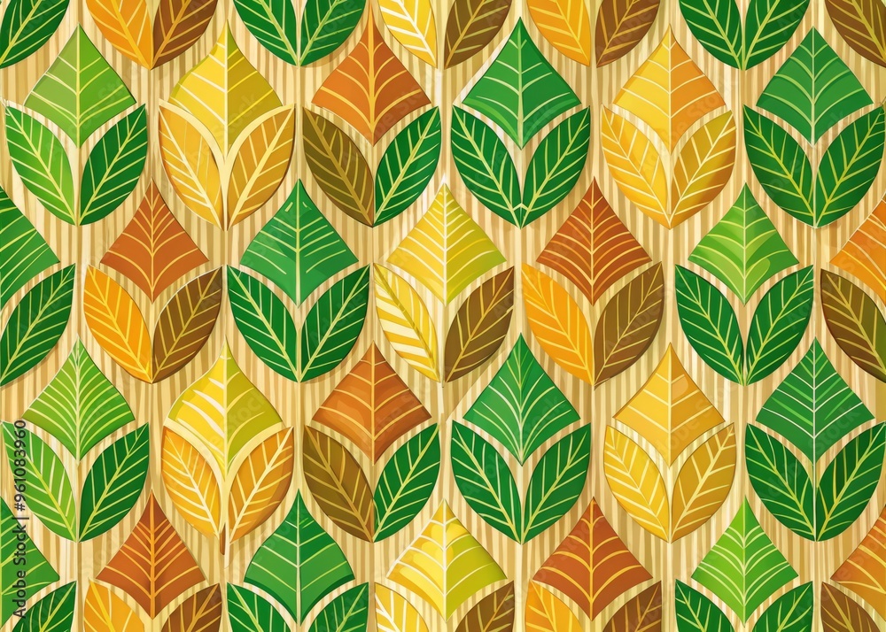 Design a repeating pattern of stylized leaves, using geometric shapes and contrasting colors of green, yellow, and orange, on a natural wood-grain background to evoke a sense of nature and harmony.