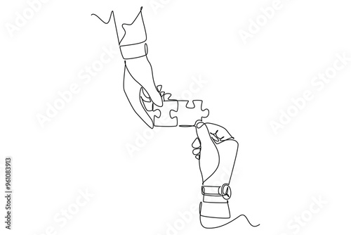 Single one line drawing human hands connect two parts of puzzle together. Business solutions and ideas. Teamwork and partnership concept. Modern continuous line draw design graphic vector illustration