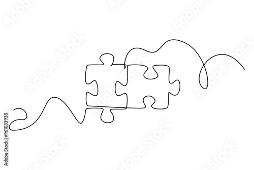Single one line drawing puzzle pieces for connection company logo identity. Puzzle jigsaw metaphor for teamwork collaboration business concept. Continuous line draw design graphic vector illustration