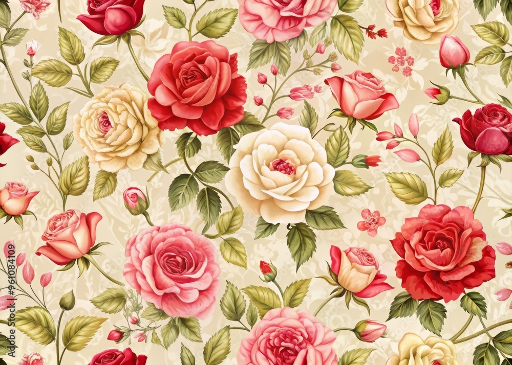 A romantic and elegant pattern of roses in soft pink and red, on a muted cream background, with delicate petals and intricate details.