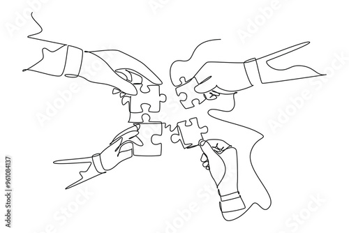 Continuous one line drawing of business team members unite puzzle pieces together to one as team building symbol. Office employee teamwork concept. Single line draw design vector graphic illustration