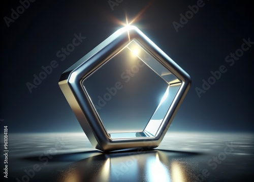 A 3D visualization of a pentagon with rounded corners floating in mid-air, surrounded by a subtle glow effect and reflected on a polished chrome surface. photo