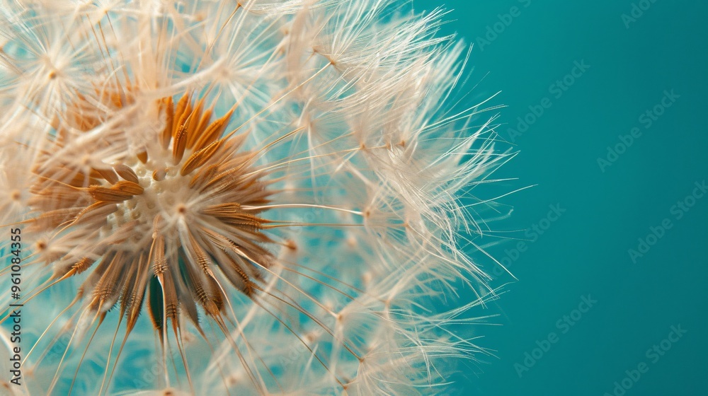 Obraz premium 204. Elegant closeup of a fluffy dandelion flower on a turquoise background, capturing its fragile nature and intricate details