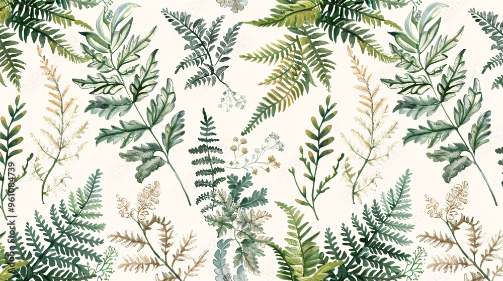 212. Detailed seamless pattern featuring fern and ivy leaves in a flowing arrangement, emphasizing fine natural details against a light backdrop 212. Detailed seamless pattern featuring fern and ivy leaves in a flowing arrangement, emphasizing fine natural details against a light backdrop