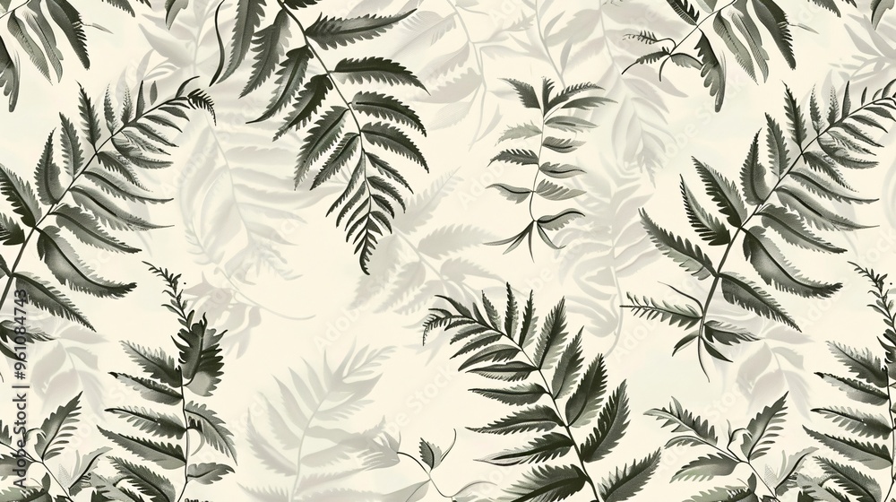 Fototapeta premium 213. Elegant pattern with intertwining fern leaves and ivy, showcasing detailed natural curves and textures on a light background