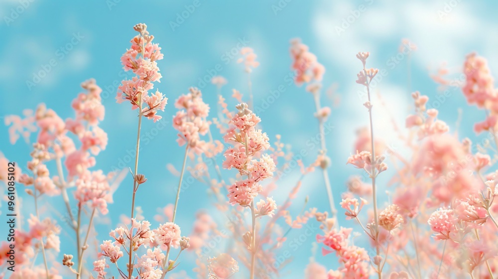 223. Delicate pastel pink flowers against a bright blue sky, crafting a serene, dreamy summer scene perfect for an enchanting wallpaper 223. Delicate pastel pink flowers against a bright blue sky, crafting a serene, dreamy summer scene perfect for an enchanting wallpaper