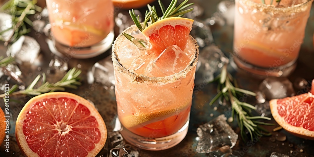 Refreshing Grapefruit Smoothie with Rosemary and Ice Presented in Glasses Adorned with Grapefruit Wedges and Rosemary Sprigs on a Table Ideal for Home Gatherings Refreshing Grapefruit Smoothie with Rosemary and Ice Presented in Glasses Adorned with Grapefruit Wedges and Rosemary Sprigs on a Table Ideal for Home Gatherings