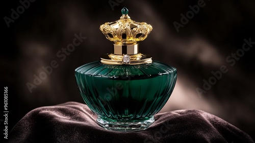 luxurious perfume bottle, deep emerald glass, ornate gold stopper, frontal view, rich velvet surface, darkened luxurious setting, soft spot lighting photo