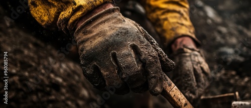 Close-up of miner hand maneuvering mining tools, showcasing detailed textures, equipment wear, and a focused work environment