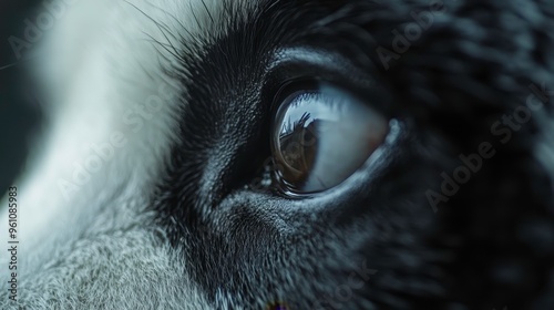 Close-up shot of a panda's face, zoomed in on one side, eye locked onto the camera