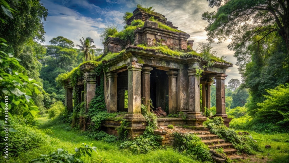 Ruined temple surrounded by overgrown greenery , ancient, abandoned, architecture, broken, decay, deterioration Ruined temple surrounded by overgrown greenery , ancient, abandoned, architecture, broken, decay, deterioration