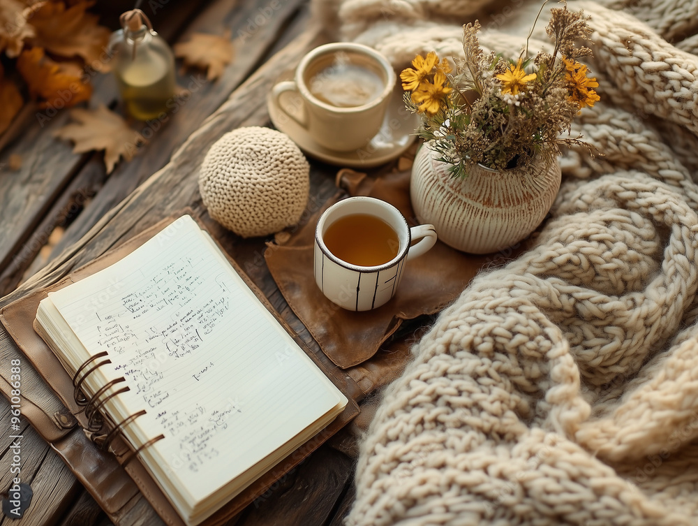 Fototapeta premium A home self-care setup featuring a cozy blanket, herbal tea, journal, and essential oils, emphasizing the importance of relaxation and personal wellness.