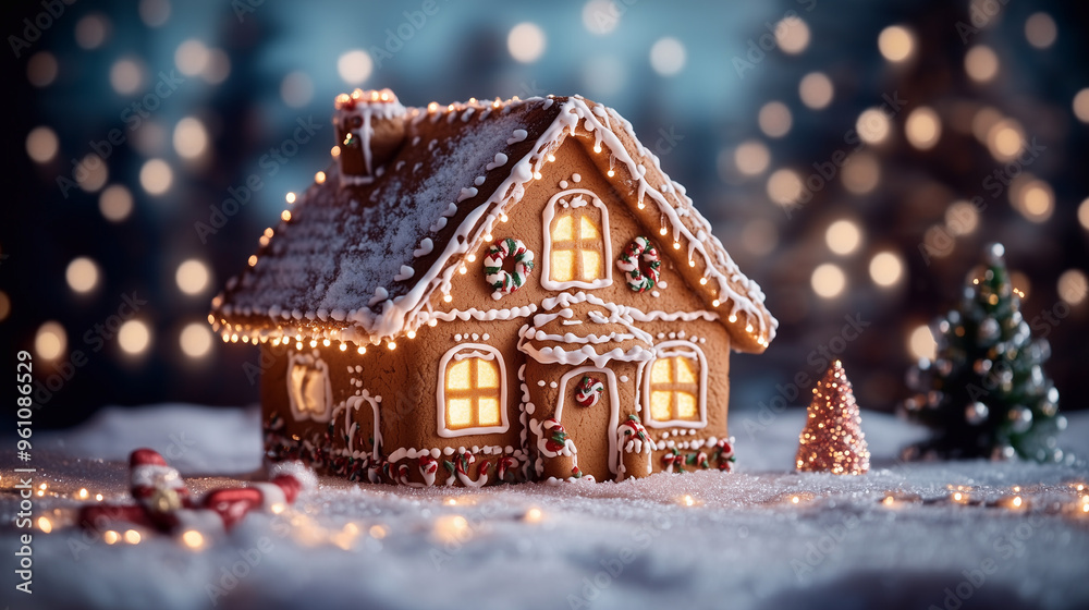A festive gingerbread house adorned with icing snow, capturing the charm of holiday baking and traditional seasonal decorations.
