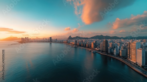 An aerial view of skyline, showcasing the cityscape with skyscrapers and coastal elements. The photo captures an early morning light, highlighting the colors of the buildings .