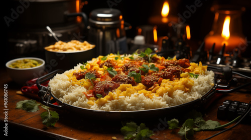 Curry food with rice alongside a plate of paella, a Spanish rice dish cooked with saffron, seafood, and chorizo.