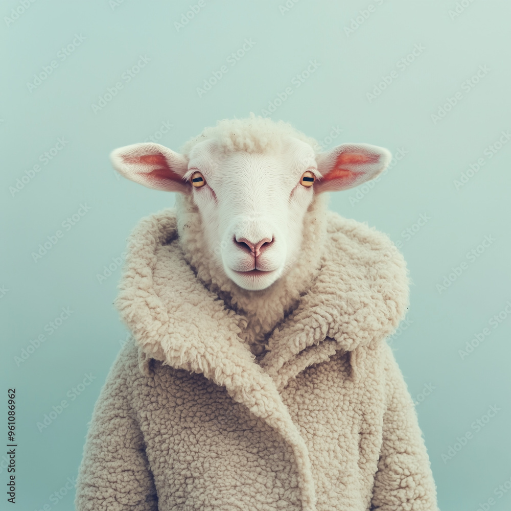 Fototapeta premium Anthropomorphic portrait of sheep wearing wool coat on pastel green background