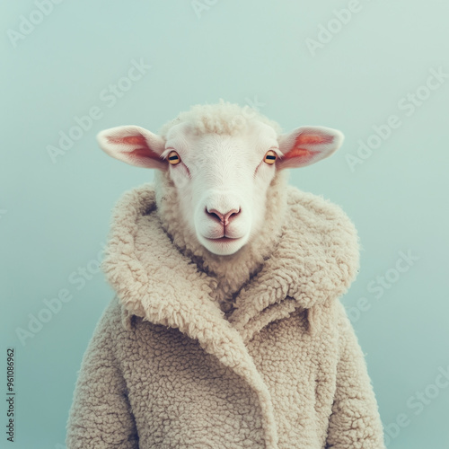 Anthropomorphic portrait of sheep wearing wool coat  on pastel green background 
