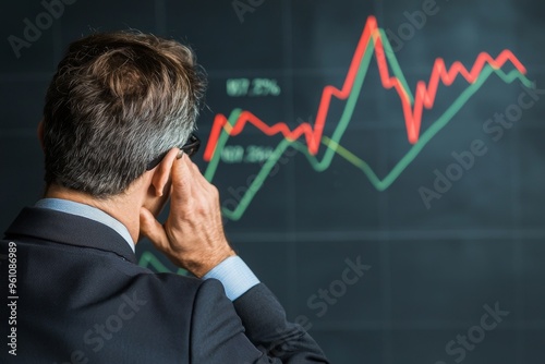 Concerned Businessman Analyzing Declining Interest Rate Graph