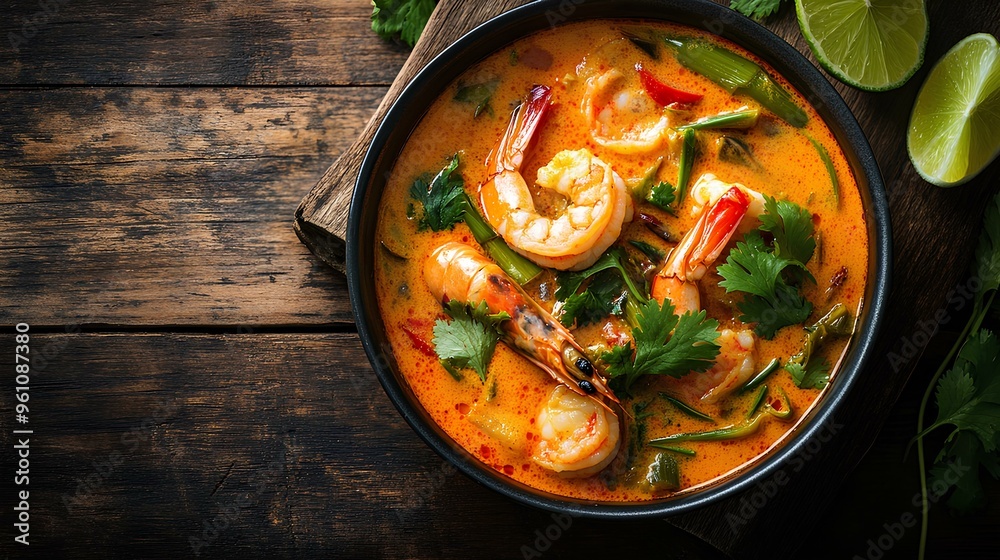 A steaming bowl of Thai red curry with prawns, coconut milk, and bamboo shoots, garnished with cilantro and lime, placed on a rustic wooden table A steaming bowl of Thai red curry with prawns, coconut milk, and bamboo shoots, garnished with cilantro and lime, placed on a rustic wooden table