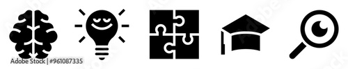 Set of intelligence icons. Knowledge, mindset and reasoning. Brain, lit lightbulb, puzzle, graduation, magnifying glass eye. Solid icons. Vector illustration