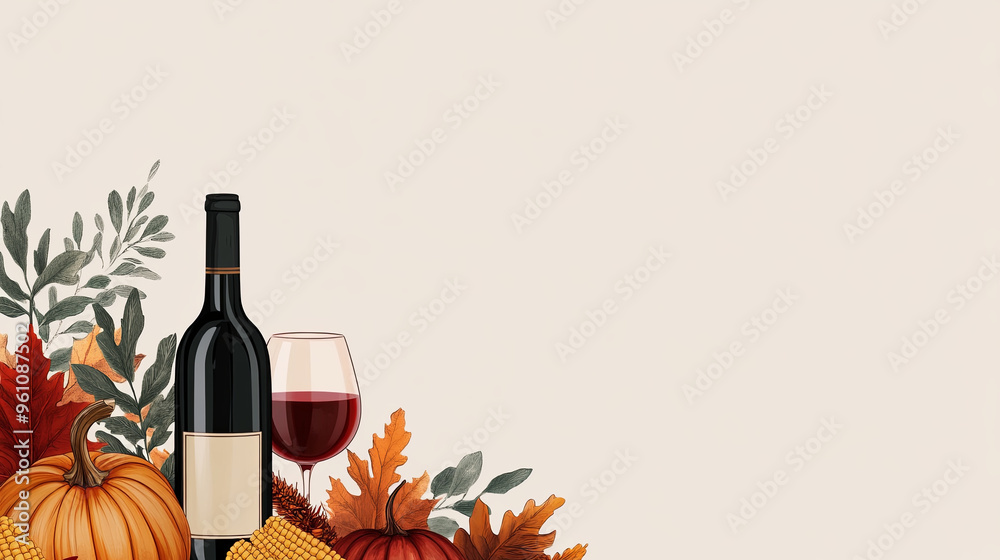 Naklejka premium A fall-themed arrangement featuring a bottle of wine, pumpkins, corn, and autumn leaves, perfect for Thanksgiving celebrations and decor.