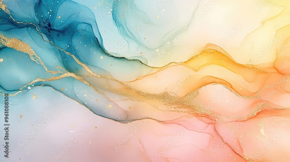 Obraz premium Vibrant abstract fluid art with blue and gold accents Background