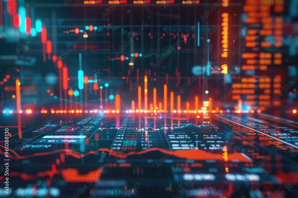 AI-driven stock market analysis on a holographic interface, showcasing advanced financial tools and dynamic charts AI-driven stock market analysis on a holographic interface, showcasing advanced financial tools and dynamic charts
