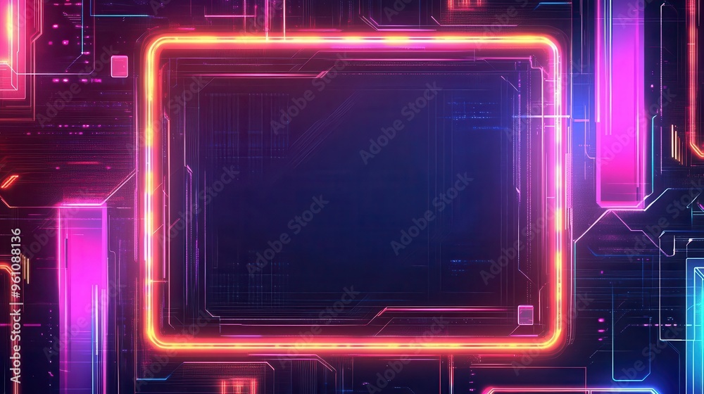 A vibrant digital frame with neon lights and circuit patterns, ideal for technology-themed designs and futuristic presentations. A vibrant digital frame with neon lights and circuit patterns, ideal for technology-themed designs and futuristic presentations.