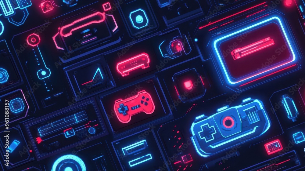 A vibrant illustration of gaming elements in neon colors, perfect for technology and entertainment themes. A vibrant illustration of gaming elements in neon colors, perfect for technology and entertainment themes.