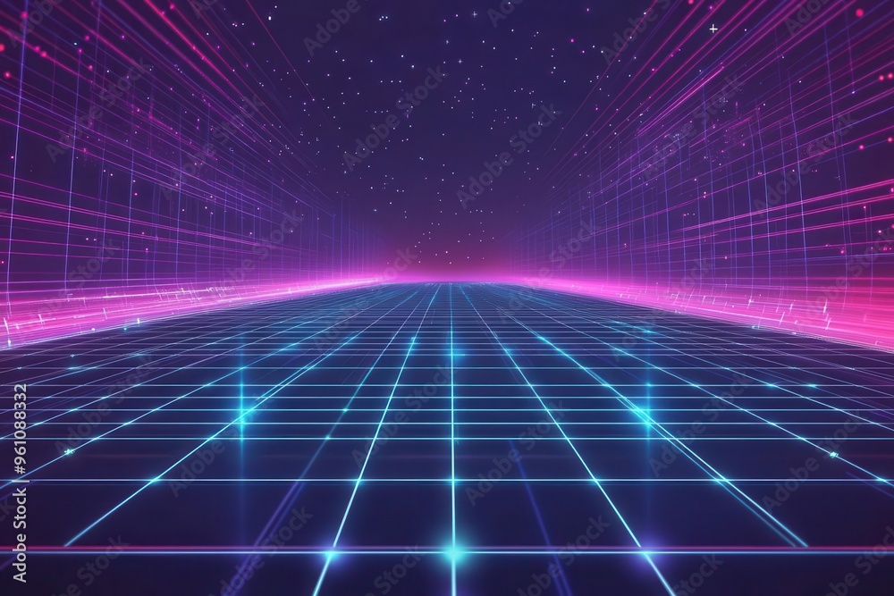 A vibrant retro-futuristic landscape with glowing grid and neon colors, perfect for digital art or technology backgrounds. A vibrant retro-futuristic landscape with glowing grid and neon colors, perfect for digital art or technology backgrounds.