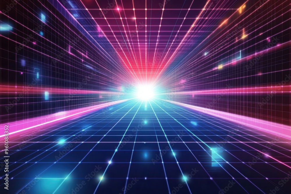A vibrant, futuristic scene of glowing lines and particles radiating from a bright central point in a dark background. A vibrant, futuristic scene of glowing lines and particles radiating from a bright central point in a dark background.