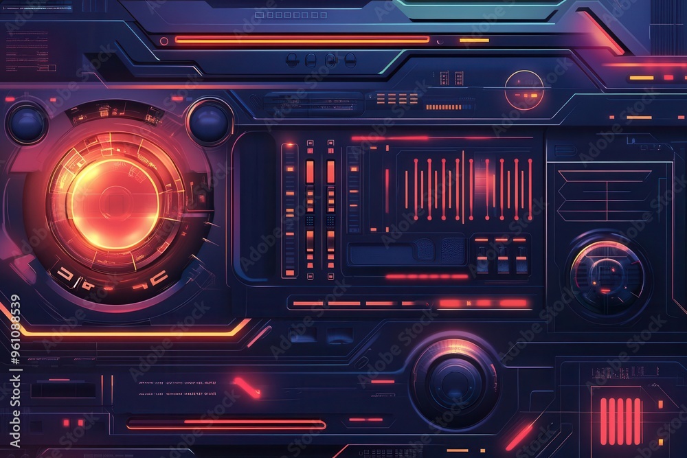 Obraz premium Futuristic control panel with glowing lights and sleek design, ideal for technology and sci-fi projects.