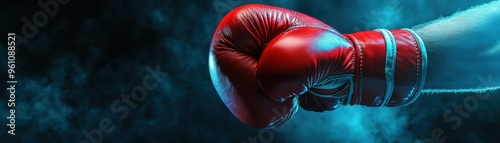 Two boxing gloves pressing against each other in a clinch, mid-grapple. Bright lighting with a clear background. photo