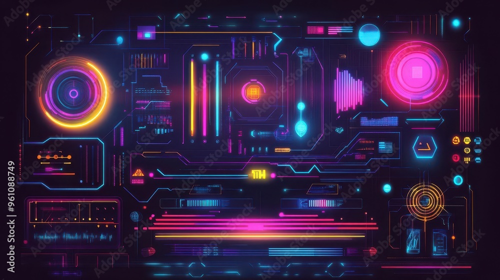 Futuristic digital interface with vibrant neon colors and abstract elements, perfect for technology and design themes. Futuristic digital interface with vibrant neon colors and abstract elements, perfect for technology and design themes.