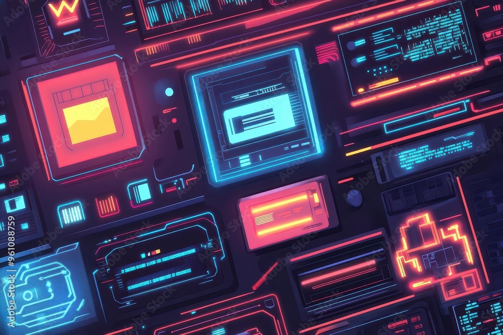 Futuristic digital interface with vibrant neon lights and intricate data displays for technology themes. Futuristic digital interface with vibrant neon lights and intricate data displays for technology themes.