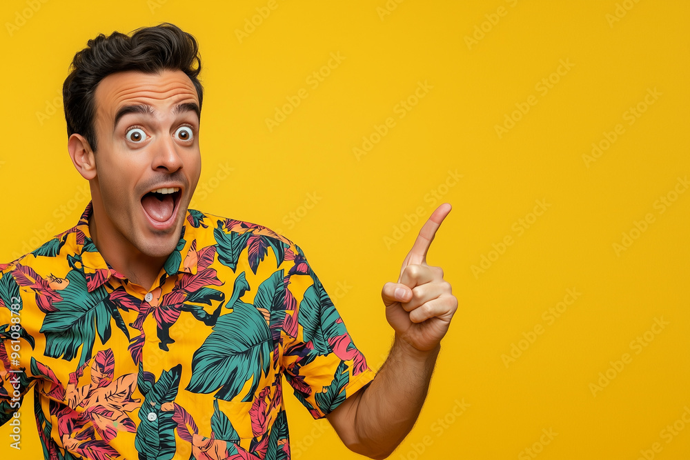 surprised man wearing colorful shirt with mouth open pointing to his right, instagram style photo surprised man wearing colorful shirt with mouth open pointing to his right, instagram style photo