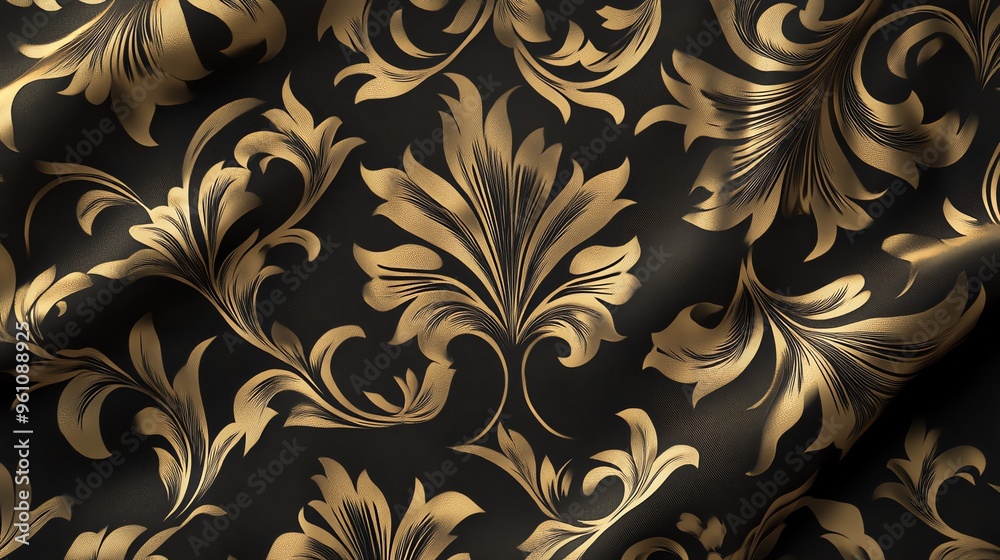 Black and gold damask pattern fabric with delicate floral designs. Black and gold damask pattern fabric with delicate floral designs.