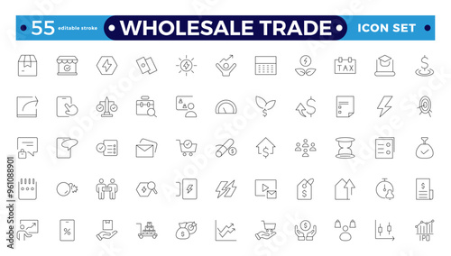 Wholesale icon set with merchandise, retailers, industrial, commercial, goods, bulk, consumer, buying, and higher price. Wholesale Trade Editable stroke outline icon.