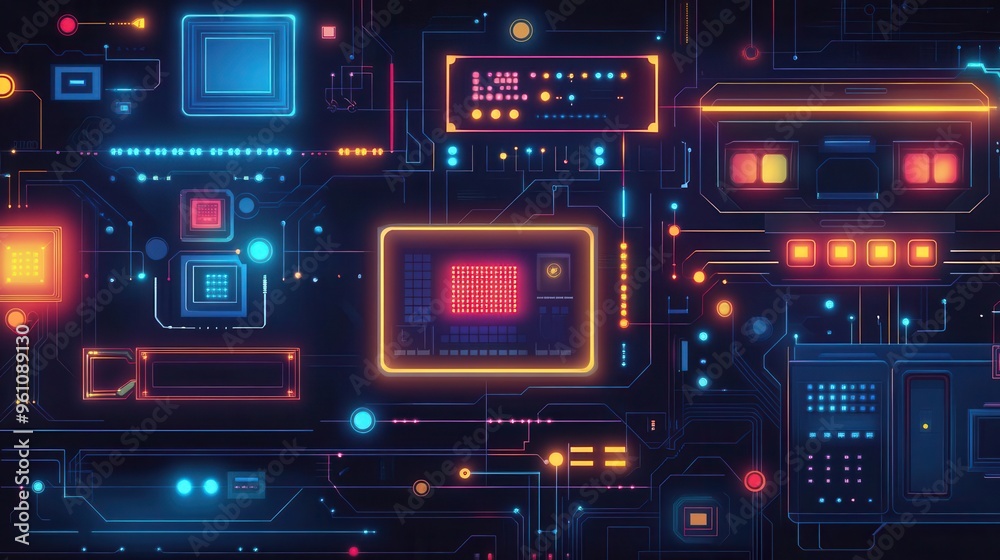 Vibrant digital circuit board design with glowing elements, ideal for tech and innovation themes in modern media. Vibrant digital circuit board design with glowing elements, ideal for tech and innovation themes in modern media.