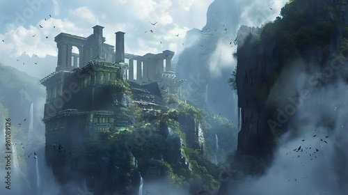 Ancient ruins perched atop a misty cliff with waterfalls cascading down the side.