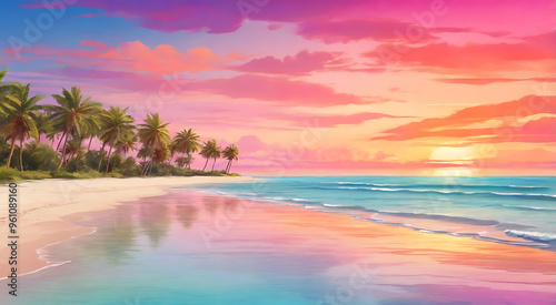 A tranquil sunset on a tropical beach with calm waves, palm trees swaying, and vibrant hues of orange and pink reflecting on the serene water. Perfect for relaxation, vacation, and peaceful nature set