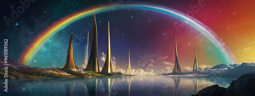 A vibrant digital illustration of Bifröst, the Norse rainbow bridge connecting Asgard and Midgard, with brilliant colors and celestial effects, with space for text, Norse Mythology concept

