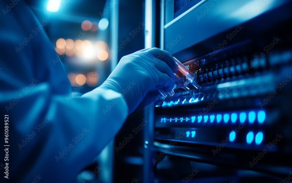 Scientist inserting samples into a hightech DNA sequencing machine, biotech innovation Scientist inserting samples into a hightech DNA sequencing machine, biotech innovation