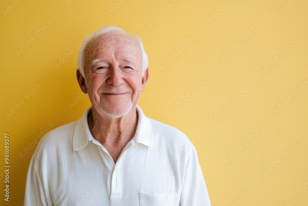 Obraz premium Elderly male presenter, smiling gently, in front of a solid pale yellow background with room for messaging