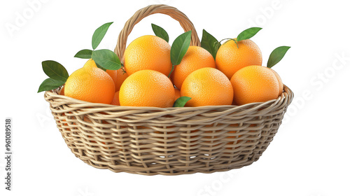 Basket of Fresh Oranges with Green Leaves