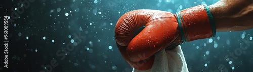 A hand in a boxing glove holding a towel, wiping away sweat (no face visible). Bright lighting with a clean background.