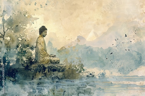 A gentle watercolor of the Buddha's serene meditation, surrounded by a peaceful, muted landscape