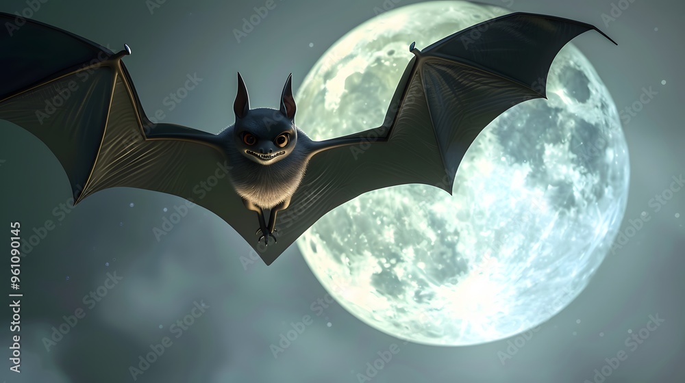 Naklejka premium Bat Flying in Front of the Moon